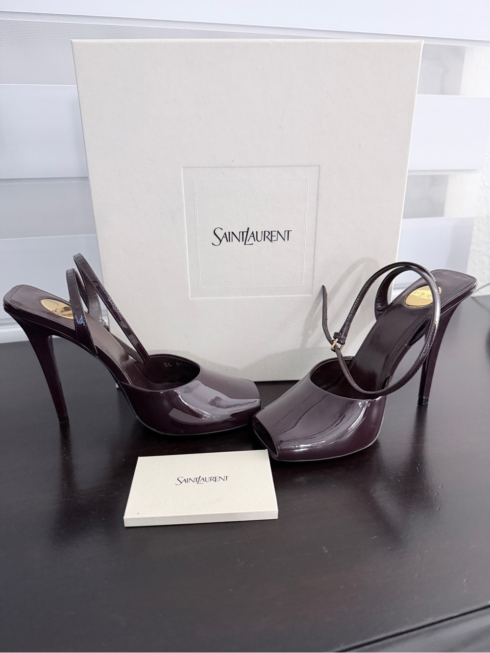 Saint Laurent Patent Plum Slingback Peep-Toe Heels